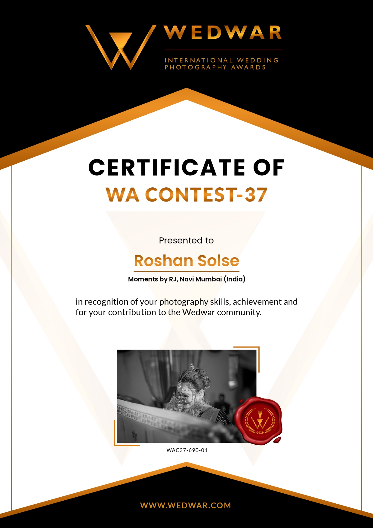 Wedding Awards Certificate 37